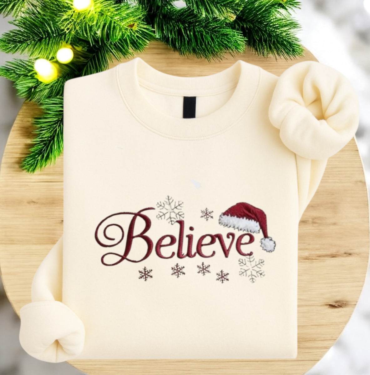 Embroidered Believe Christmas Sweatshirt – Santa Hat & Snowflakes