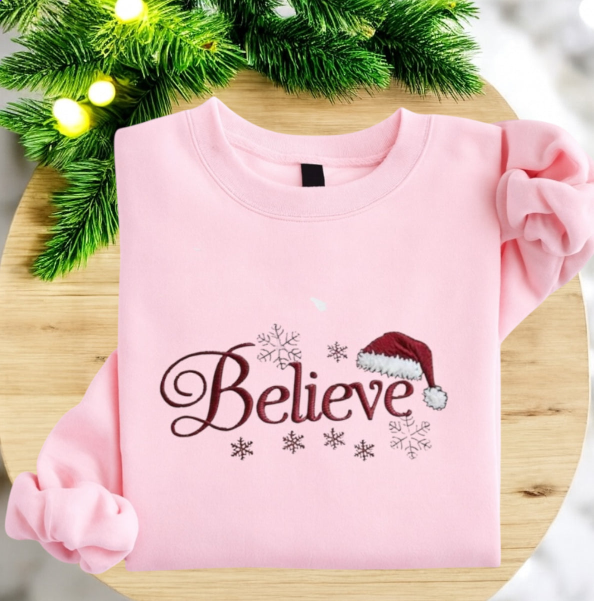 Embroidered Believe Christmas Sweatshirt – Santa Hat & Snowflakes