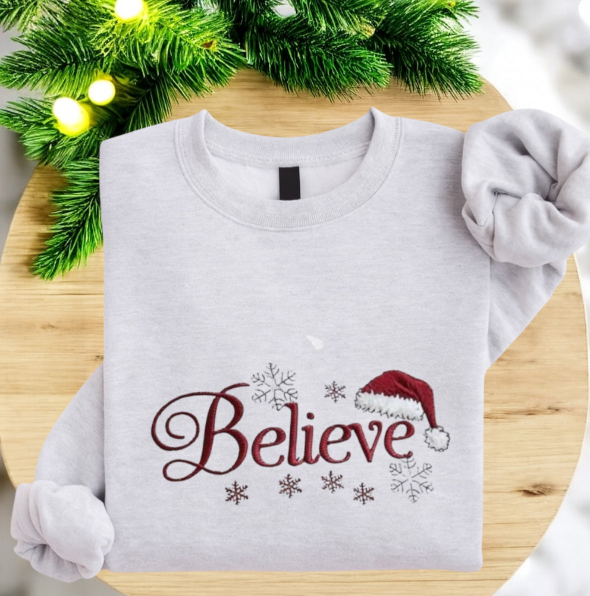 Embroidered Believe Christmas Sweatshirt – Santa Hat & Snowflakes