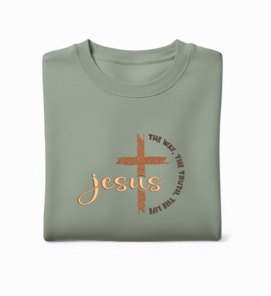 Embroidered Jesus Sweatshirt - The Way, The Truth, The Life Faith Crewneck