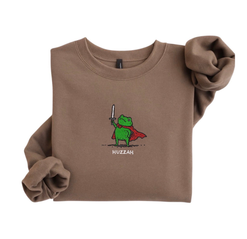 Embroidered Funny Huzzah Frog Sweatshirt, Cute Animal Crewneck, Frog Warm Sweater