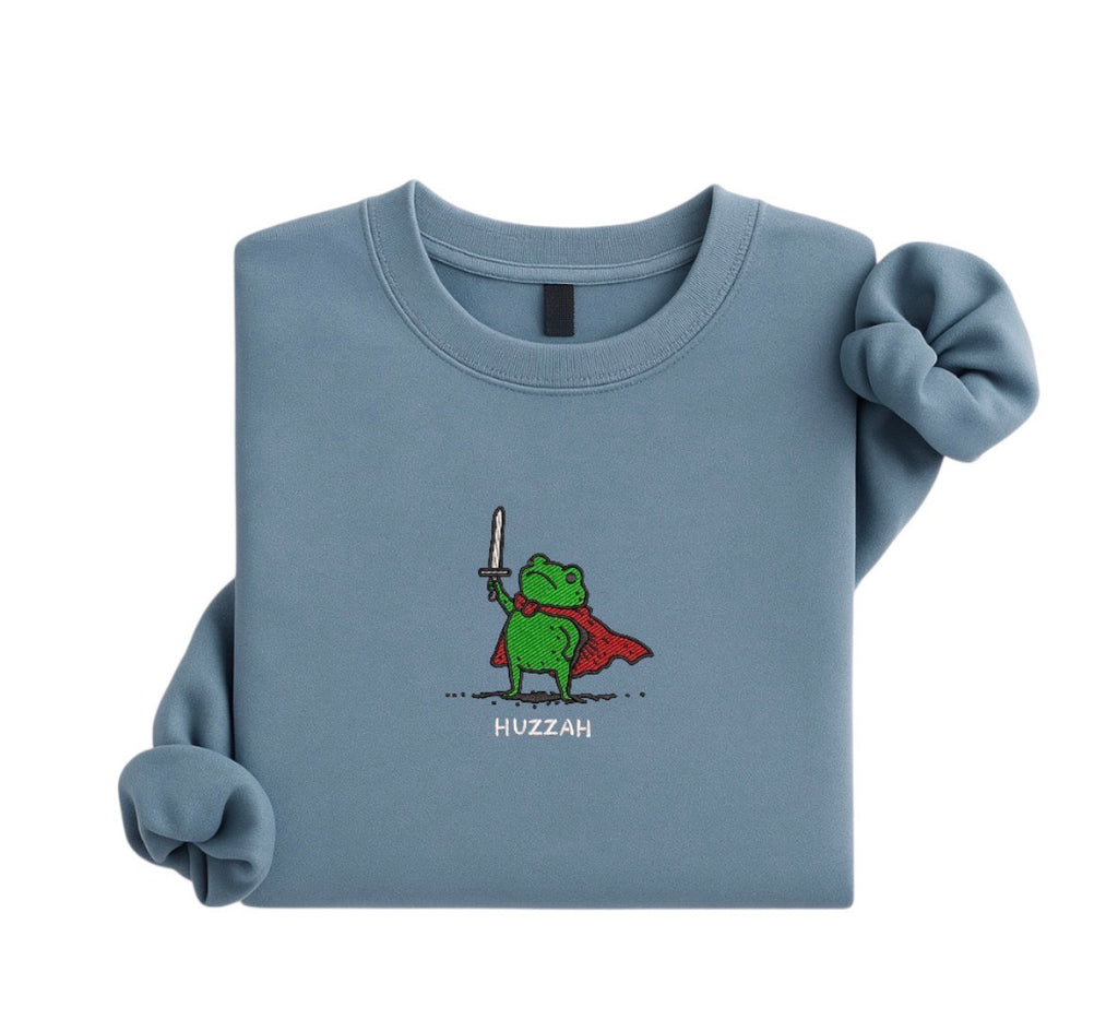 Embroidered Funny Huzzah Frog Sweatshirt, Cute Animal Crewneck, Frog Warm Sweater