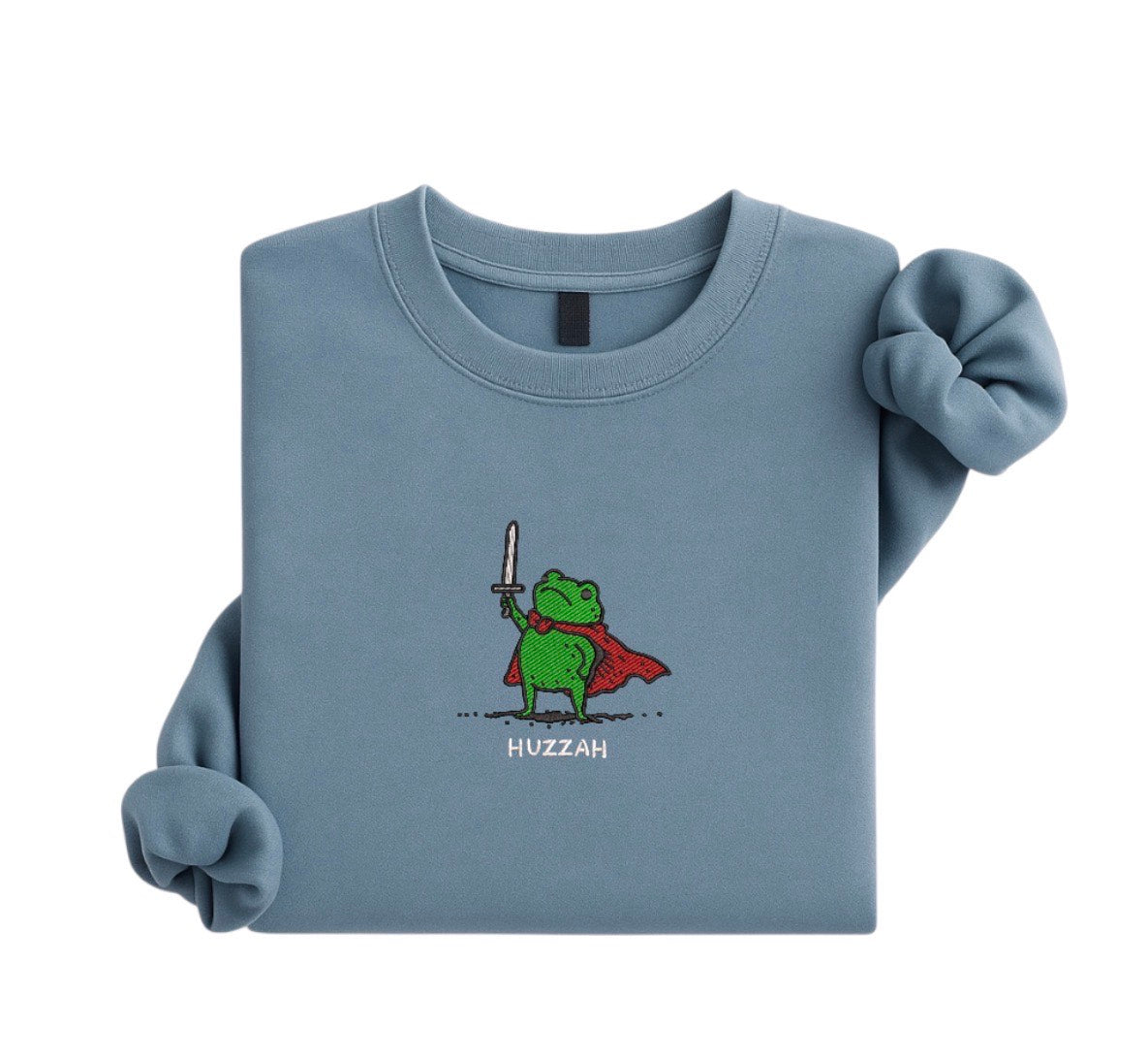 Embroidered Funny Huzzah Frog Sweatshirt, Cute Animal Crewneck, Frog Warm Sweater