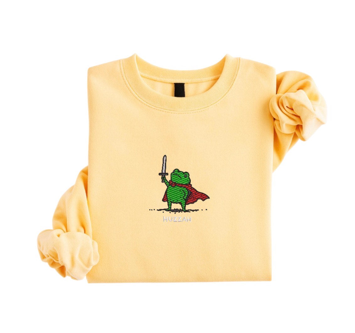Embroidered Funny Huzzah Frog Sweatshirt, Cute Animal Crewneck, Frog Warm Sweater