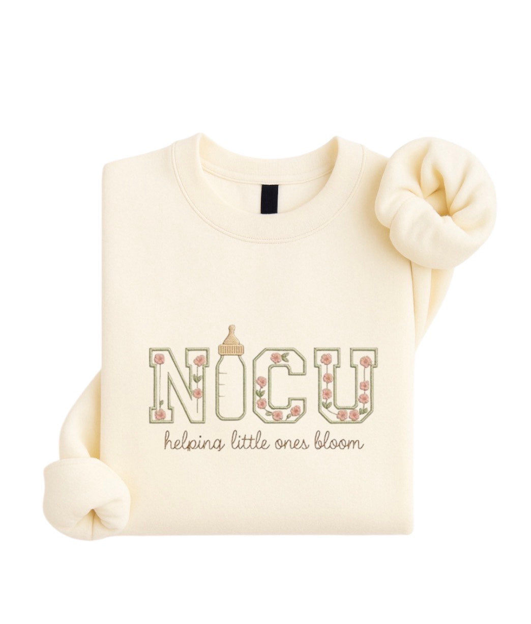 Embroidered NICU Nurse Crewneck Sweatshirt, Floral Baby Bottle Design