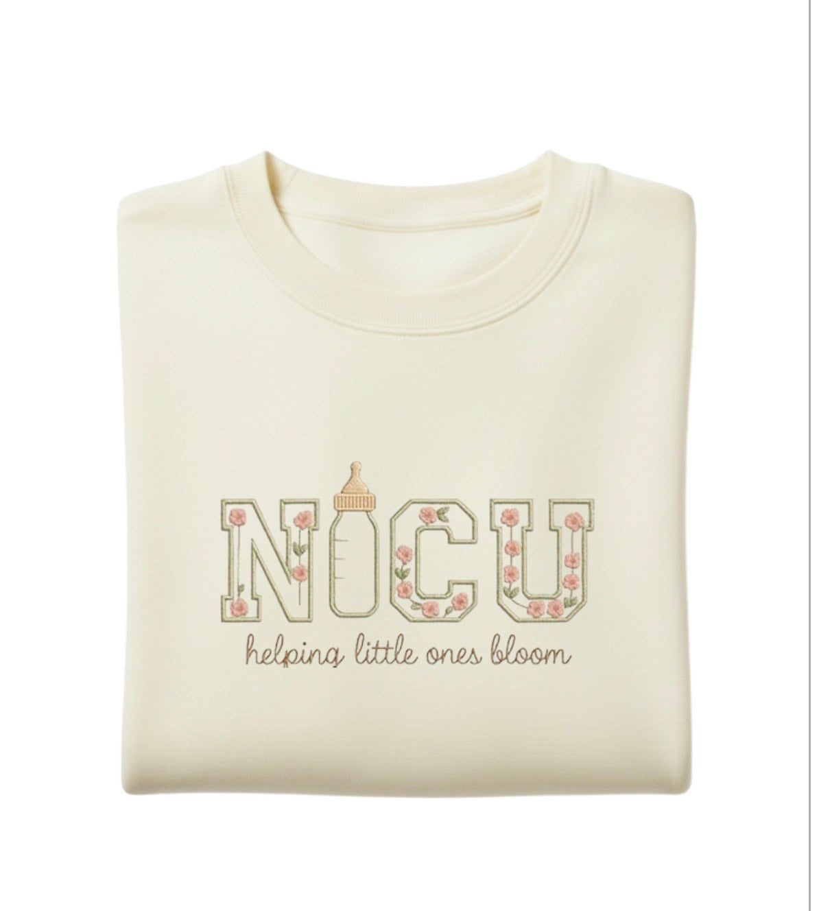 Embroidered NICU Nurse Crewneck Sweatshirt, Floral Baby Bottle Design