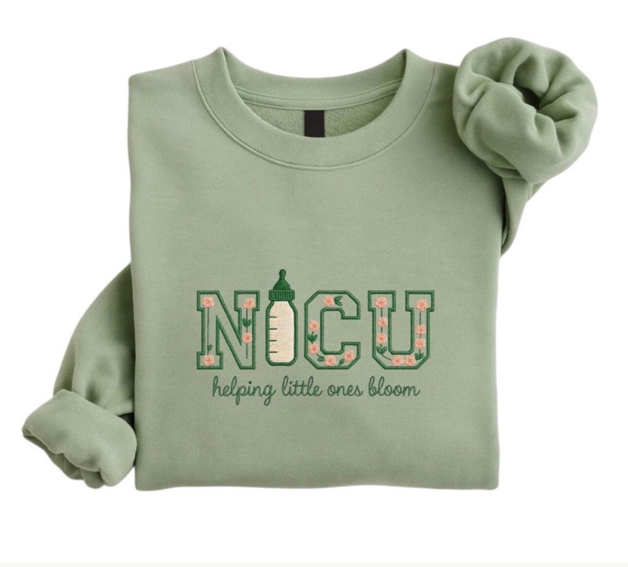 Embroidered NICU Nurse Crewneck Sweatshirt, Floral Baby Bottle Design
