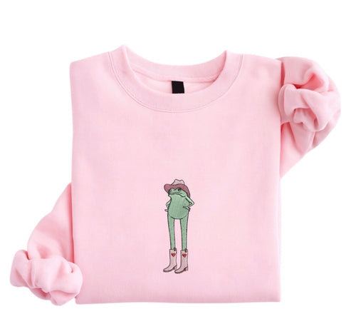 Cowgirl Frog Embroidered Sweatshirt, Western Frog Shirt, Cute Cowboy Frog Crewneck, Funny Animal Embroidery Gift