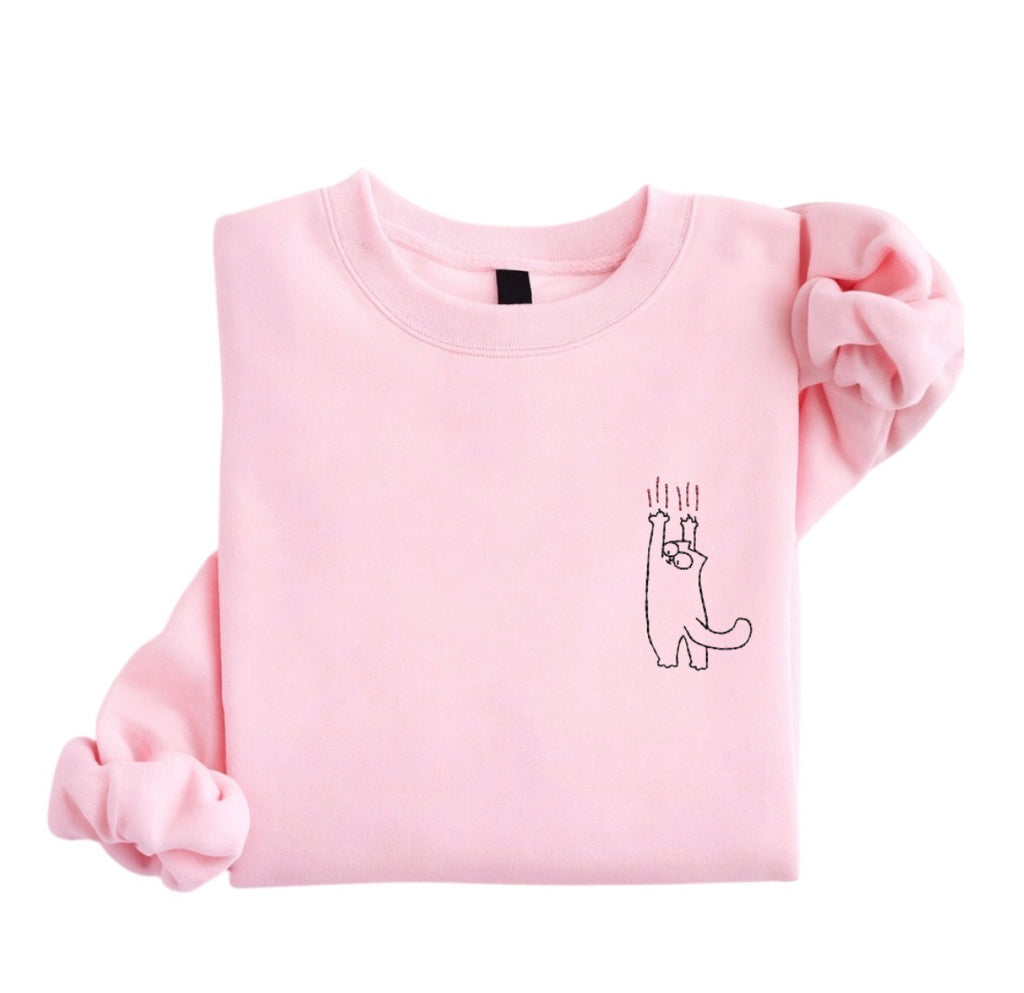 Embroidered Cat Sweatshirt, Scratching Cat Crewneck, Minimal Cat Lover Gift, Funny Cat Embroidery, Cozy Unisex Sweatshirt