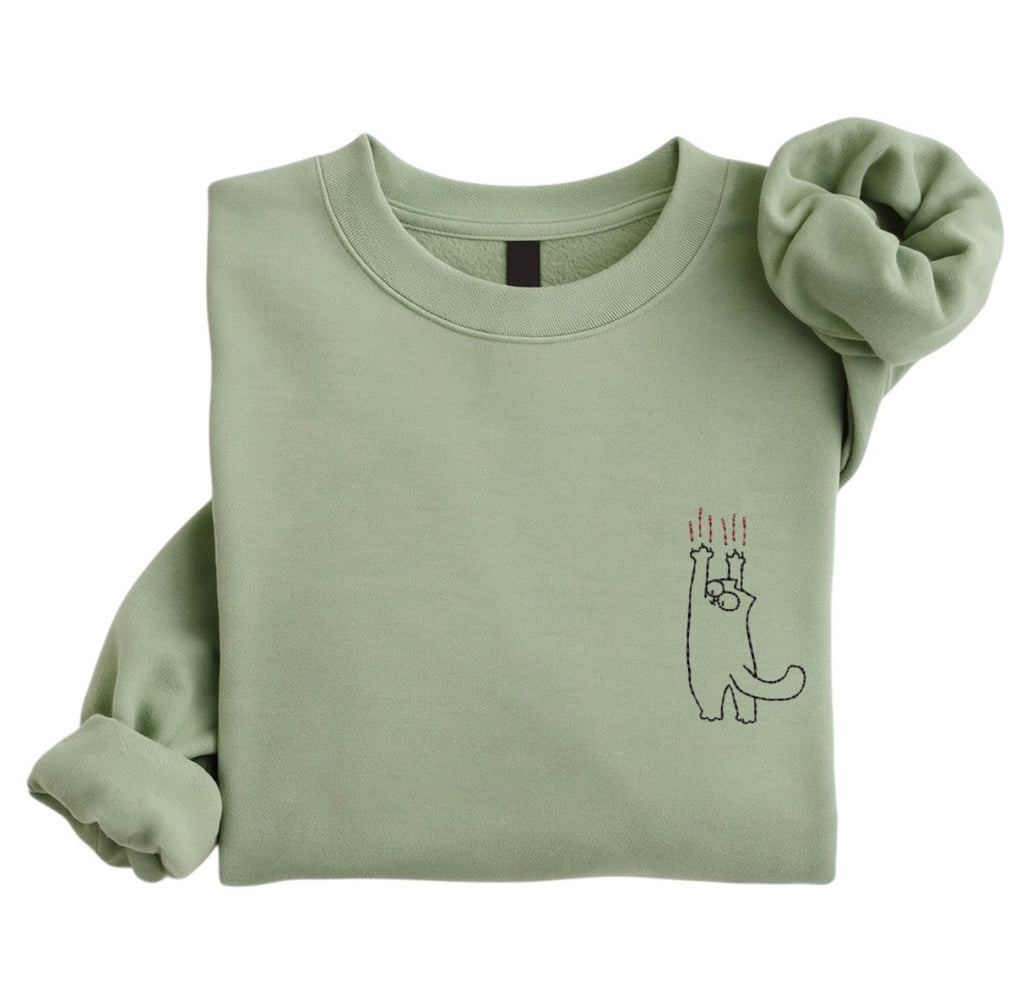 Embroidered Cat Sweatshirt, Scratching Cat Crewneck, Minimal Cat Lover Gift, Funny Cat Embroidery, Cozy Unisex Sweatshirt