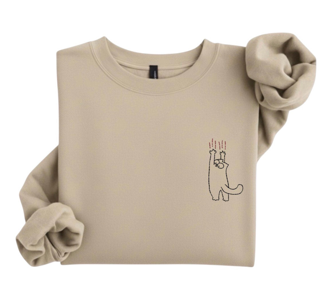 Embroidered Cat Sweatshirt, Scratching Cat Crewneck, Minimal Cat Lover Gift, Funny Cat Embroidery, Cozy Unisex Sweatshirt