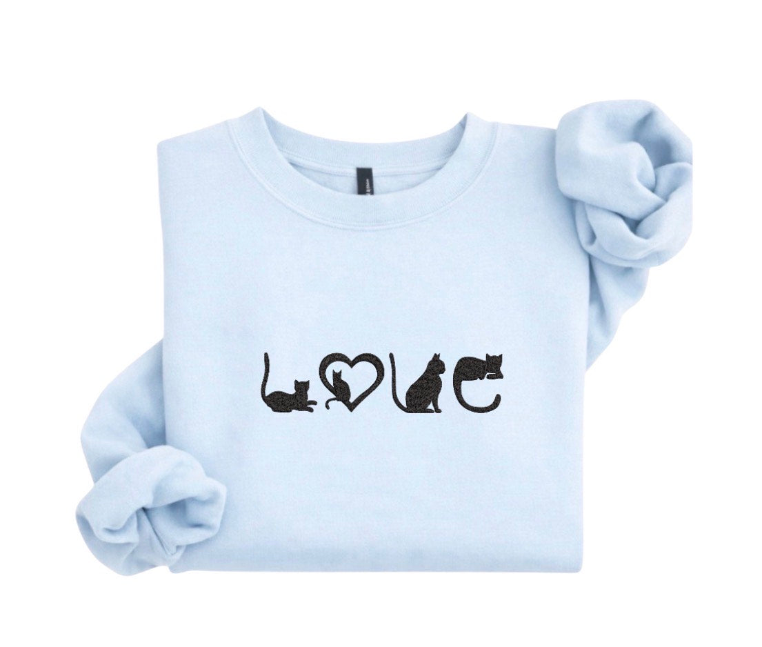 Cat Lover Sweatshirt, LOVE Cat Embroidery, Minimal Cat Crewneck, Cozy Cat Mom Gift, Aesthetic Embroidered Sweatshirt
