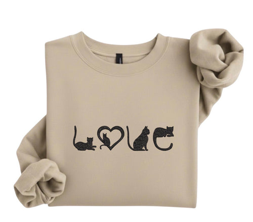 Cat Lover Sweatshirt, LOVE Cat Embroidery, Minimal Cat Crewneck, Cozy Cat Mom Gift, Aesthetic Embroidered Sweatshirt