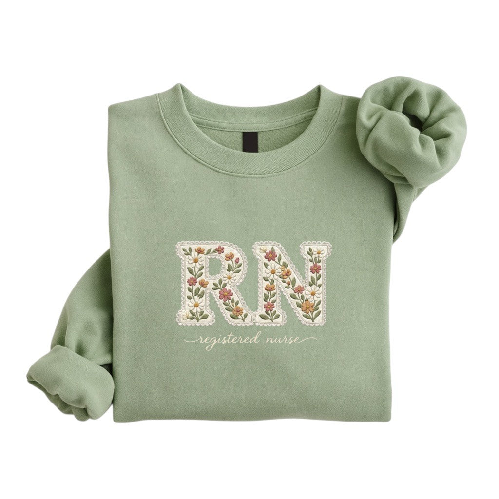 Embroidered RN Crewneck Sweatshirt, Floral Nurse Apparel
