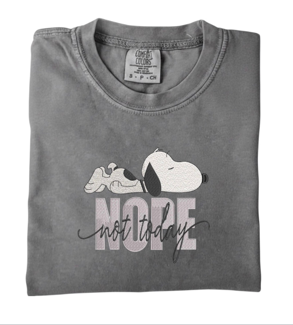 Embroidered Snoopy  Oversized Tee - Not Today Cotton Shirt - Retro Character Embroidery - Lazy Sunday Outfit