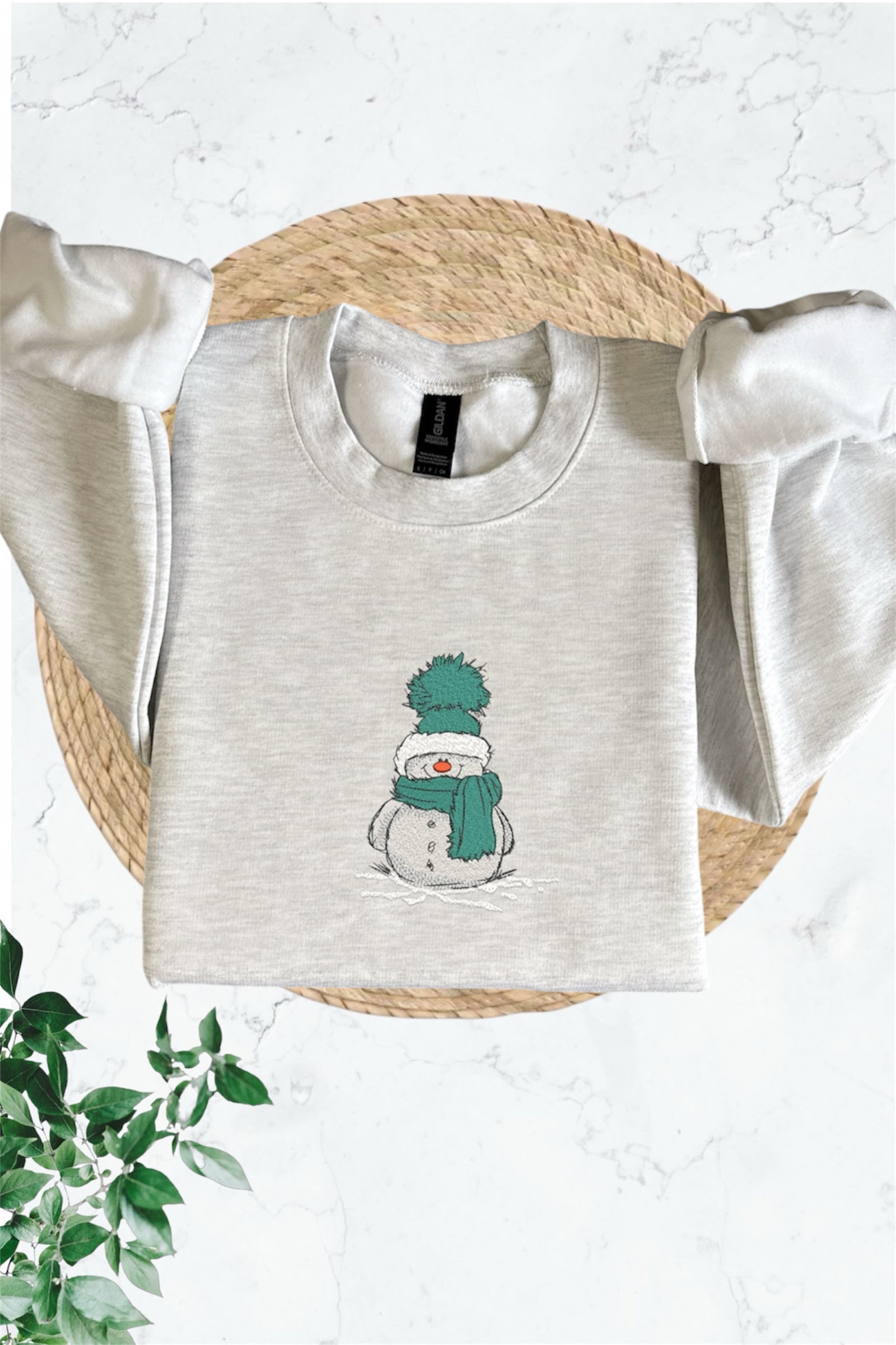 Embroidered Long Sleeve Crewneck Sweatshirt (Snowman with green scarf)