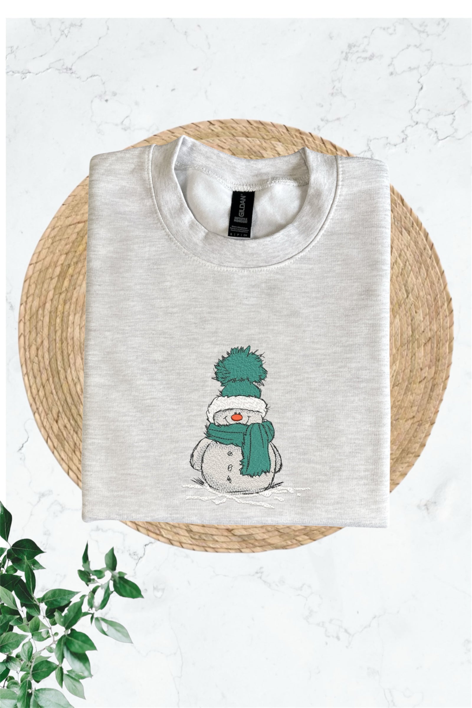 Embroidered Long Sleeve Crewneck Sweatshirt (Snowman with green scarf)