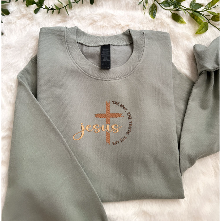 Embroidered Long Sleeve Crewneck Sweatshirt (Jesus)